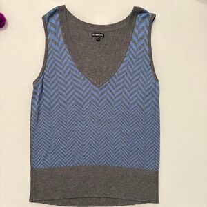 Express Gray Blue Chevron Knit Sweater Vest V Neck Size Large Preppy